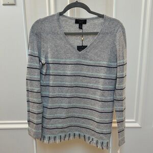 Charter Club Cashmere Navy and Acqua Blue Striped V-Neck Sweater